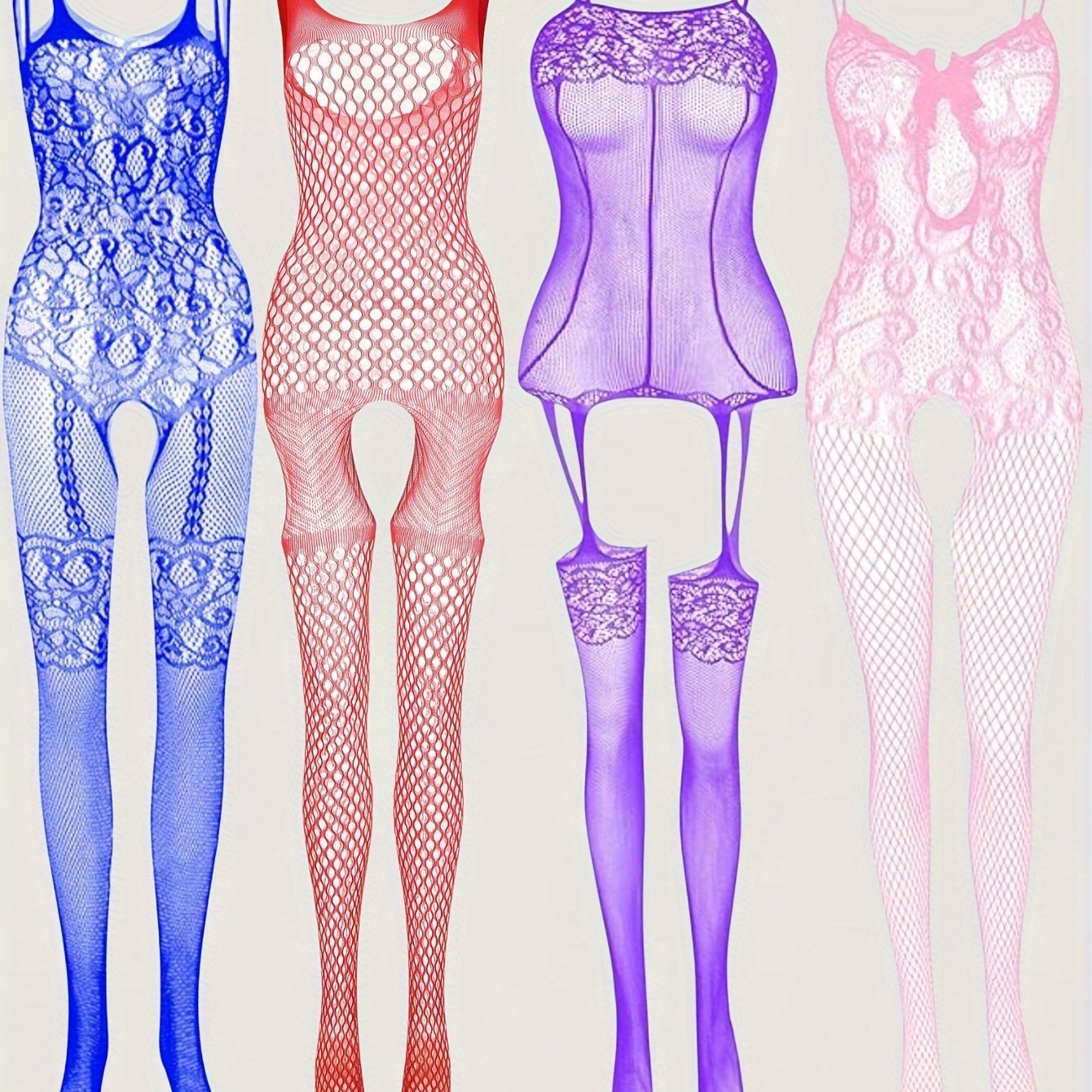 Fashionable 4-piece bodystocking set for women, without lingerie or underpants.