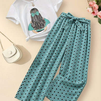 New summer style girls' trousers suit for medium and large children, featuring personalized avatar round neck top and loose fit polka dot wide leg pants.