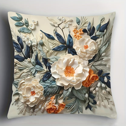 A reversible 3D floral cushion cover with soft, double-sided printed fabric. Machine washable with zip closure. Fits various room styles. 44.96x44.96 cm, pillow not included.