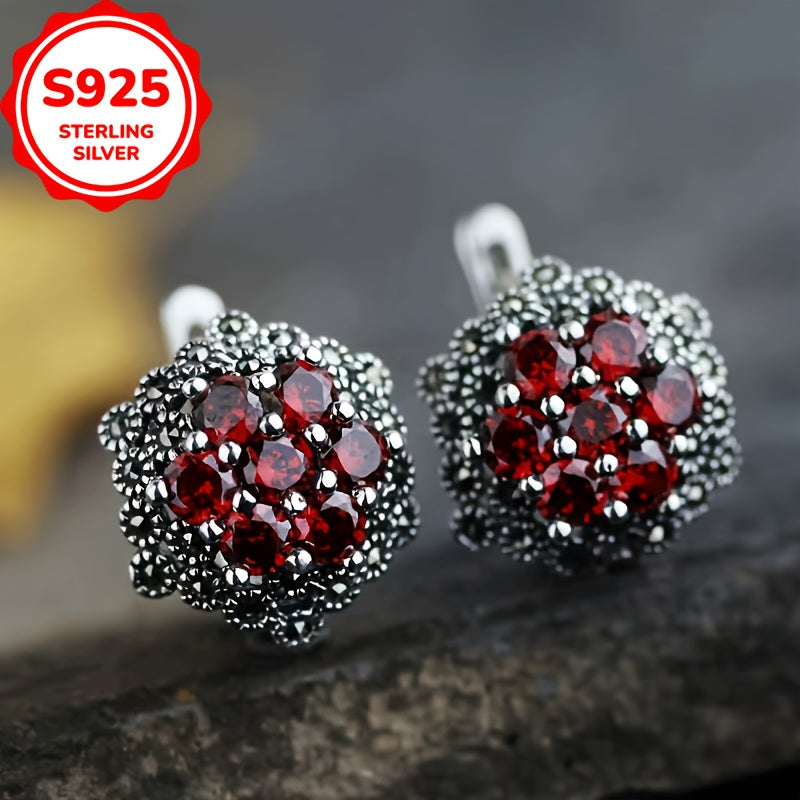 Sterling Silver Garnet Stud Earrings with Vintage Flower Design, Black Accent Stones, and Synthetic Zirconia. Hypoallergenic Ear Needle, High-Quality Jewelry Gift - 4.0g