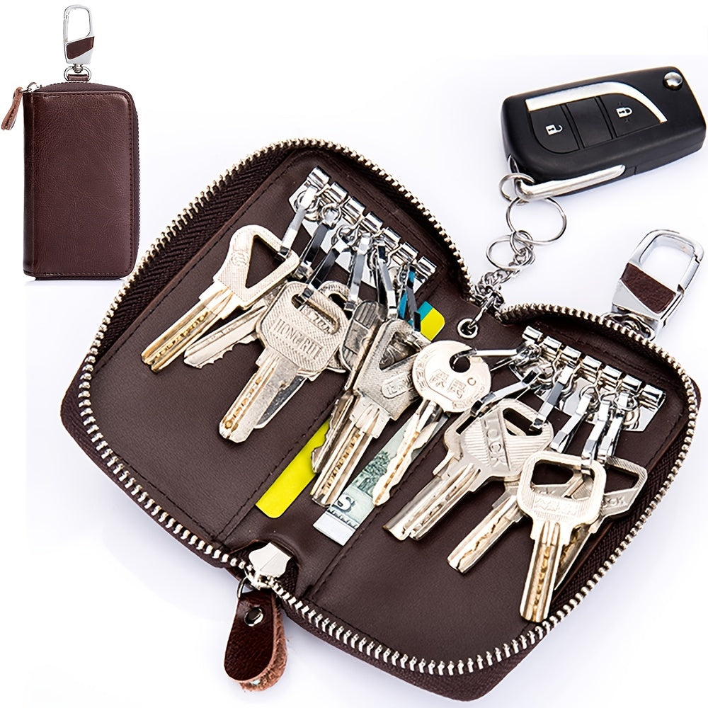 Authentic Key Case Wallets, Multi-purpose Zippered Key Case Unisex Keychain with Holder Ring, 12 Hooks and Snap Closure