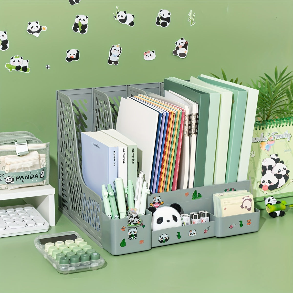 Desktop file organizer with panda theme, 4 slots and detachable tiered shelves for office storage. Made of PP material.