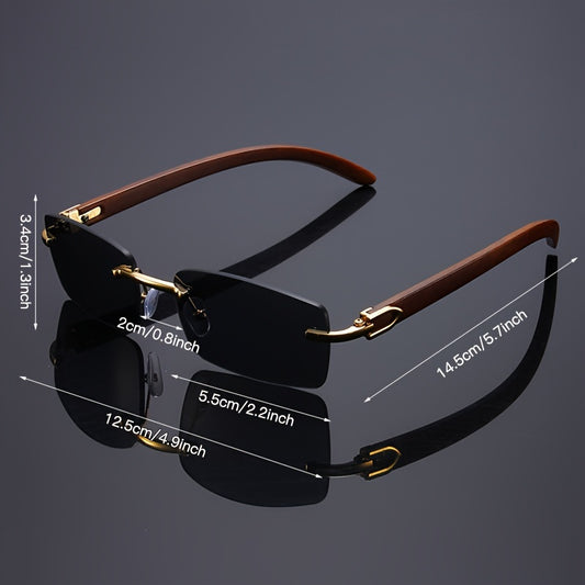 Women's vintage rectangular frameless glasses with elegant and simple design, featuring wooden temple in black color.