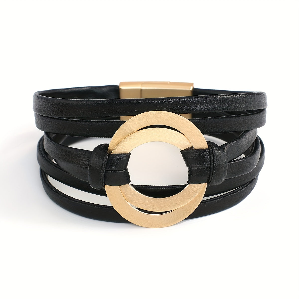 Artificial leather bracelet for women with double circle charm and magnet buckle clasp - a stylish wide bangle bracelet that makes a great gift.