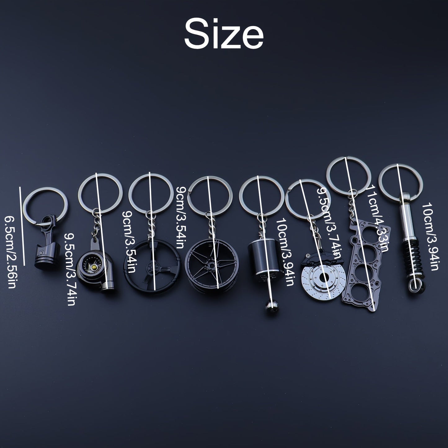 Car Enthusiast Keychain Set - 8 Pieces of Sleek Black Zinc Alloy Keychains, Showcasing Engine Components and More - Ideal Gift for Men