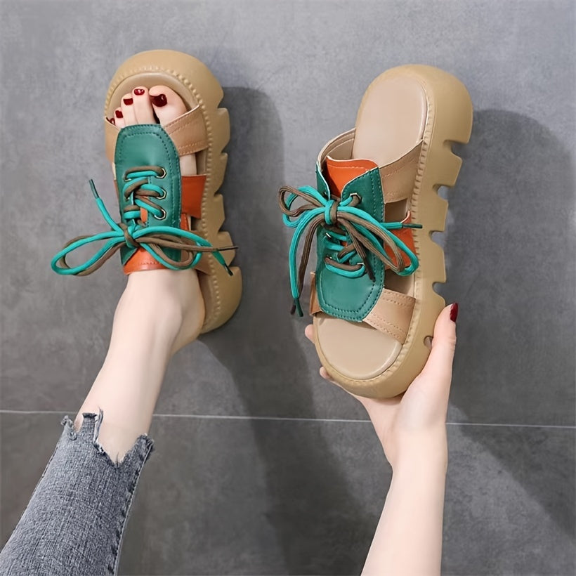 Casual lace-up slide sandals for women in colorblock design, open toe, and comfortable fit for summer.