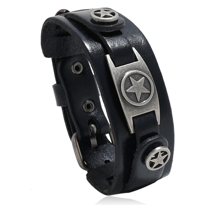 [Trending Pick] Men's Punk Rock Style Bracelet, Made of Genuine Leather with Zinc Alloy Star Pendant, Non-Magnetic Fashion Statement Piece