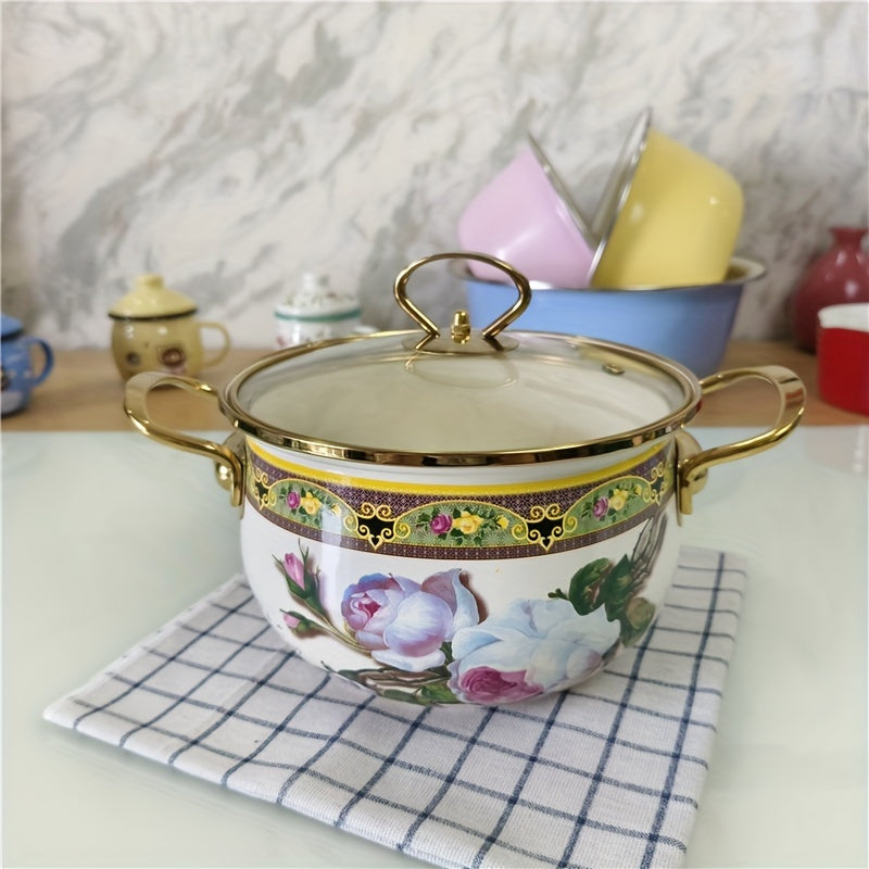 Thickened Enamel Stew Pot with Stainless Steel Handle and Transparent Cover, Suitable for Gas and Electromagnetic Stoves, Easy to Clean