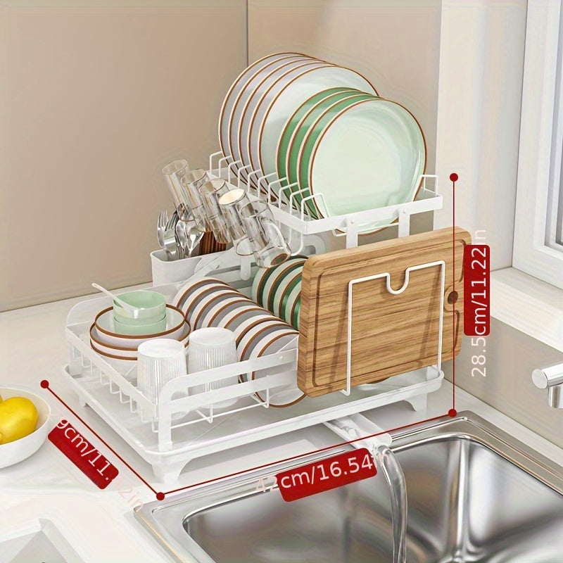 Kitchen Countertop Dish Drying Rack with Double Layers and Large Capacity, Steel Drainboard Dish Drainer with Utensil Holder, Suitable for Dishes, Knives, Cups, and Cutting Boards, Dimensions 41.4 x 28.96 x 27.43cm, Essential Kitchen Supplies