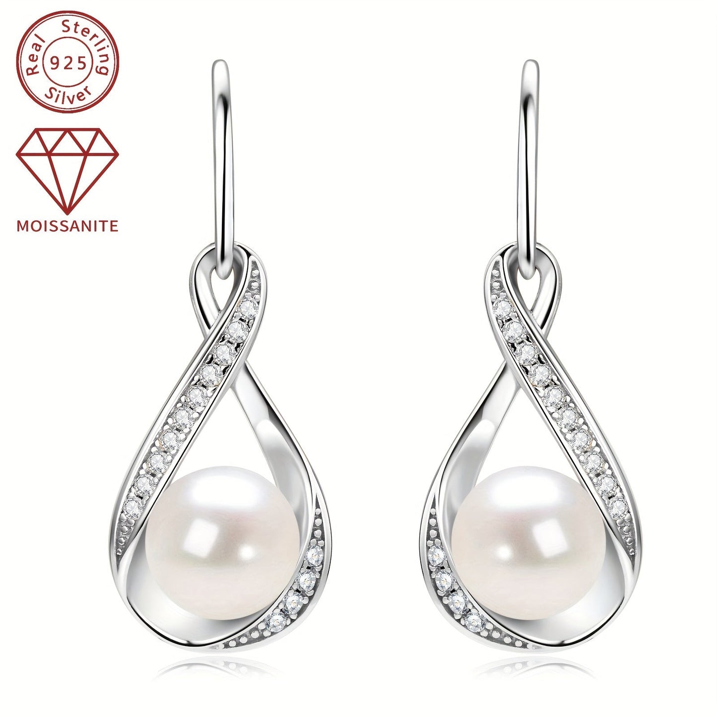 Pair of pearl earrings featuring natural freshwater bread beads measuring 8mm and adorned with 28 pieces of 1.2mm moissanite stones, totaling 0.224 carats. Crafted in 925 silver, these earrings boast a silvery gram weight of 3.7g. The design showcases a