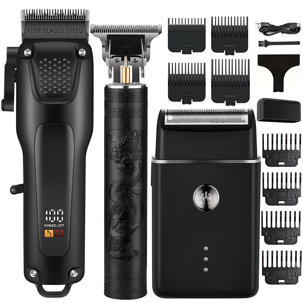 Men's hair and beard grooming kit with cordless clippers, trimmer set, and LED display. USB rechargeable and perfect for home use or gifting.