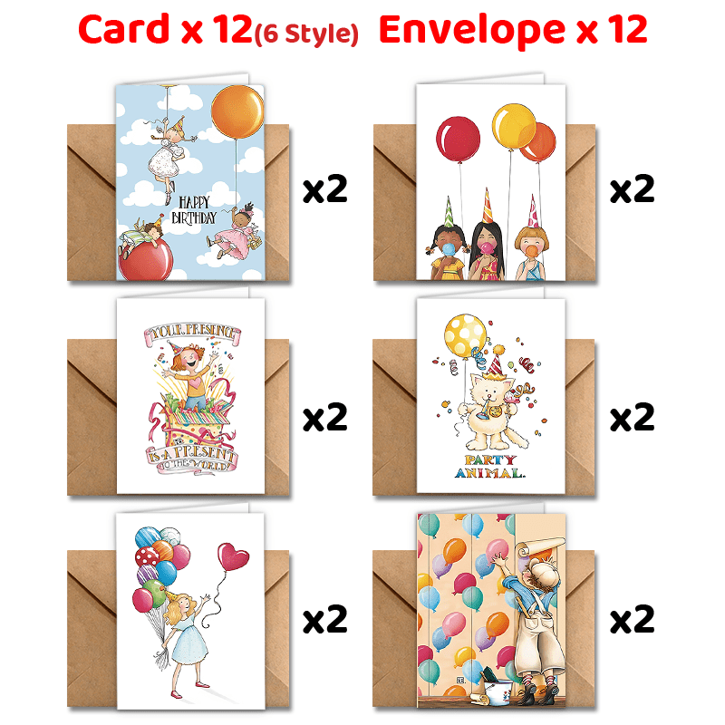 Celebrate with 24 charming Birthday Cards complete with Envelopes - Featuring sweet designs of a Little Girl, Flower Cat, and Balloons - Ideal for expressing gratitude and presenting gifts.