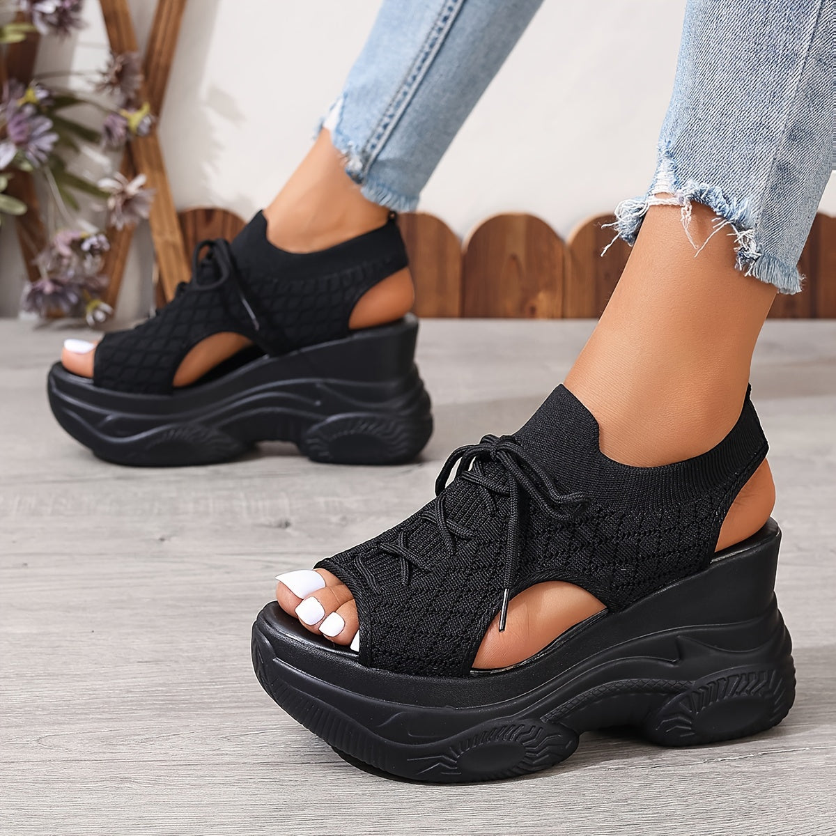 Summer platform wedge sandals with knit elastic upper, tie-up open toe design, soft high-heel sole.