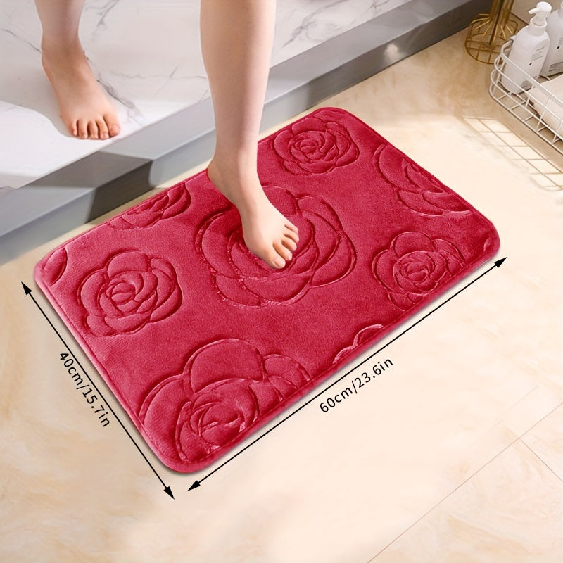 Soft and luxurious bath mat featuring a beautiful rose embossed design. This non-slip bathroom rug is made of ultra-soft knit polyester, providing superior comfort and absorbency. Lightweight and washable, this versatile mat is perfect for use in the