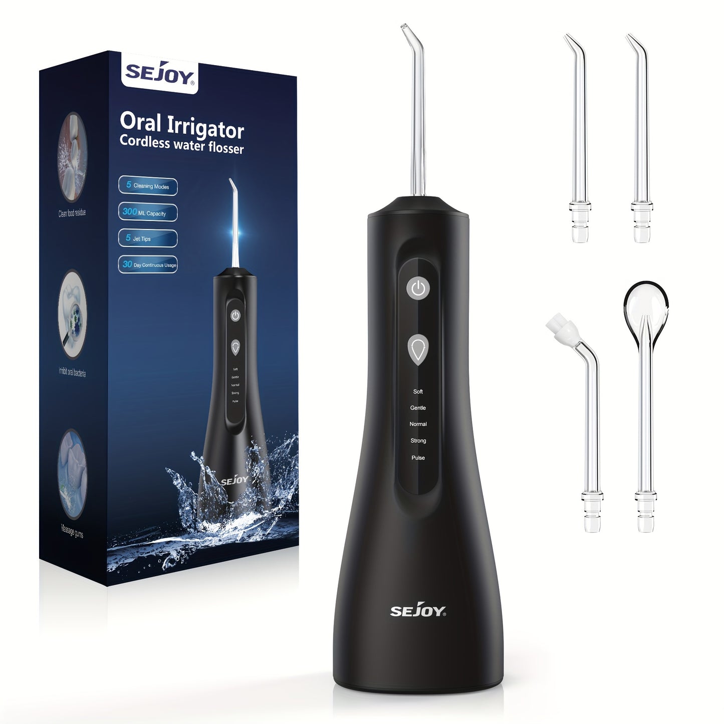 Cordless water dental flosser for teeth cleaning, with 5 modes and 5 tips. Suitable for home and travel.