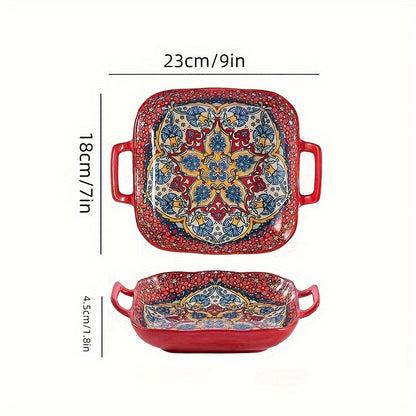 9-inch Bohemian style ceramic salad bowl with handles. Vibrant floral and geometric patterns. Oven and microwave safe. Ideal for baking, serving pasta, or salads. Great for salad serving or as vibrant patterned plates. A versatile addition to your