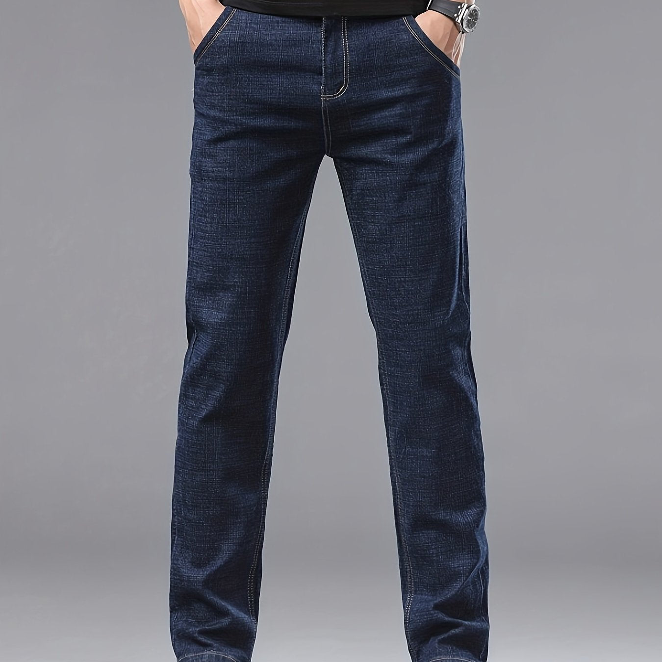 Men's slim-fit jeans made of 61.6% cotton, 36.9% polyester, and 1.5% spandex with all-season stretch denim. Raw wash in a solid color, regular fit for casual weekends. 200gsm woven fabric.