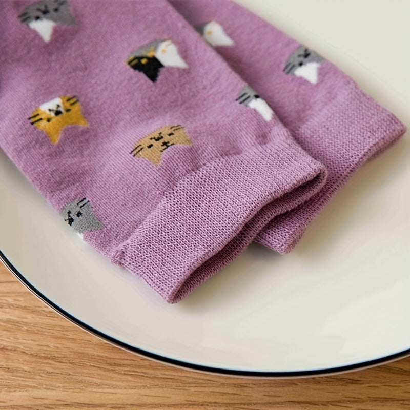 5 Cute Cat Cartoon Socks for Women - Cozy Mid-Calf, Mixed Colors, Ideal for Fall & Winter