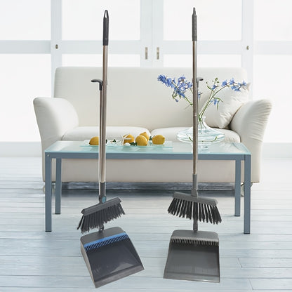 Household broom and dustpan set with non-stick technology for easy hair sweeping and trash collection.