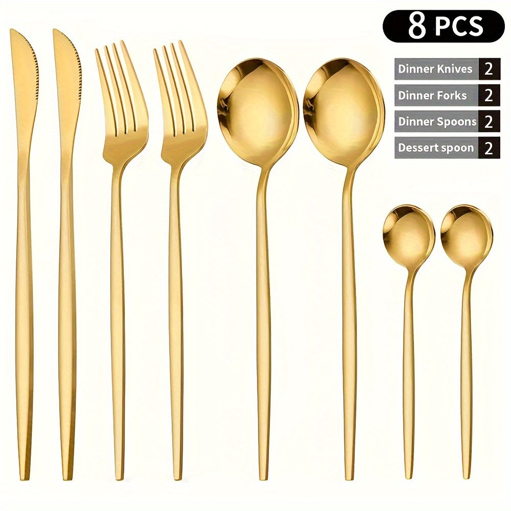 24-piece Golden Cutlery Set with steak knife, salad fork, table spoon, and dessert spoon. Mirror polished, durable, and dishwasher safe. Efficient and economical.