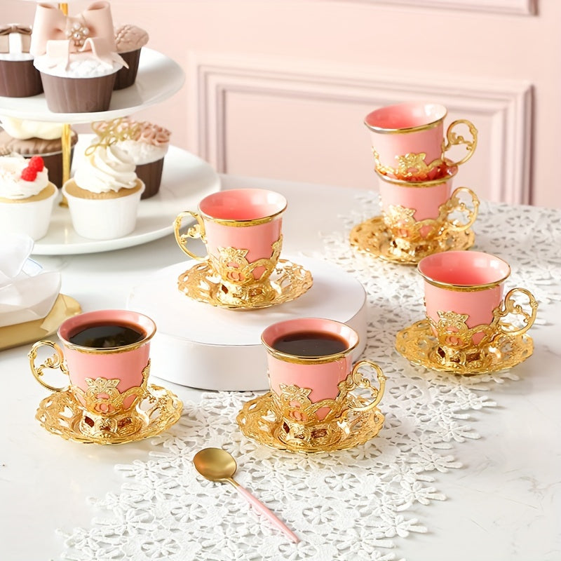 Golden 2.8oz Ceramic Tea Set with Gift Box, including Sakura Train Set, Turkish Arabic Coffee Cups, Espresso Cups with Saucer Plates and Spoons.