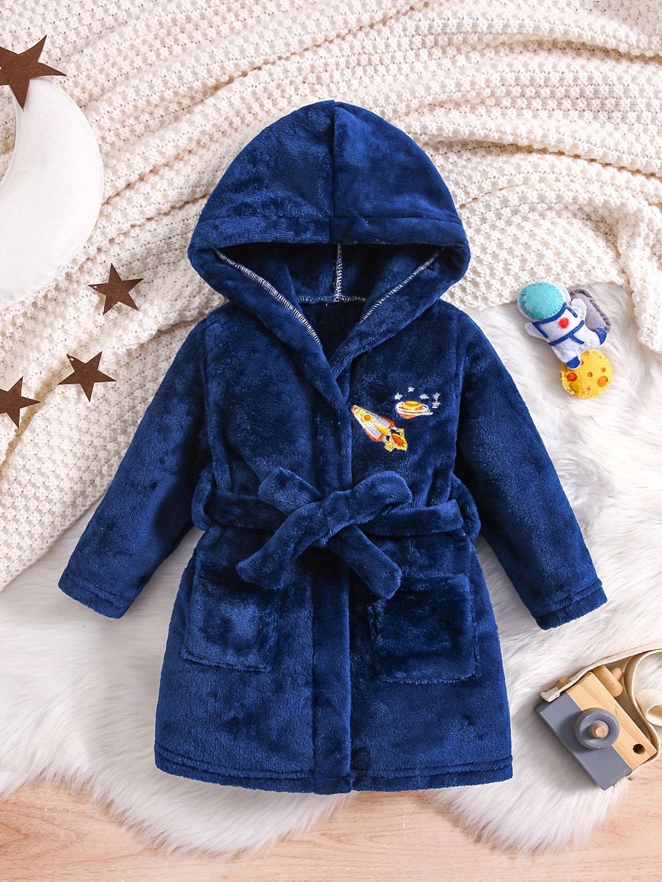 Blue flannel hooded bathrobe with rocket embroidery - cozy, thick, and machine washable for kids