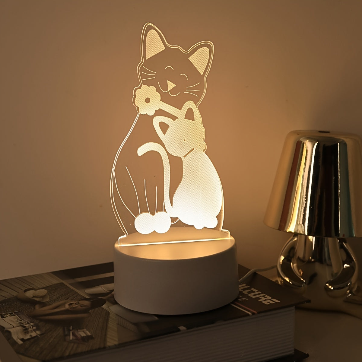 Monochrome 3D cat night light with USB power switch control, perfect for decorating bedroom, family room, and bedside table. Ideal for festivals and birthday gifts.