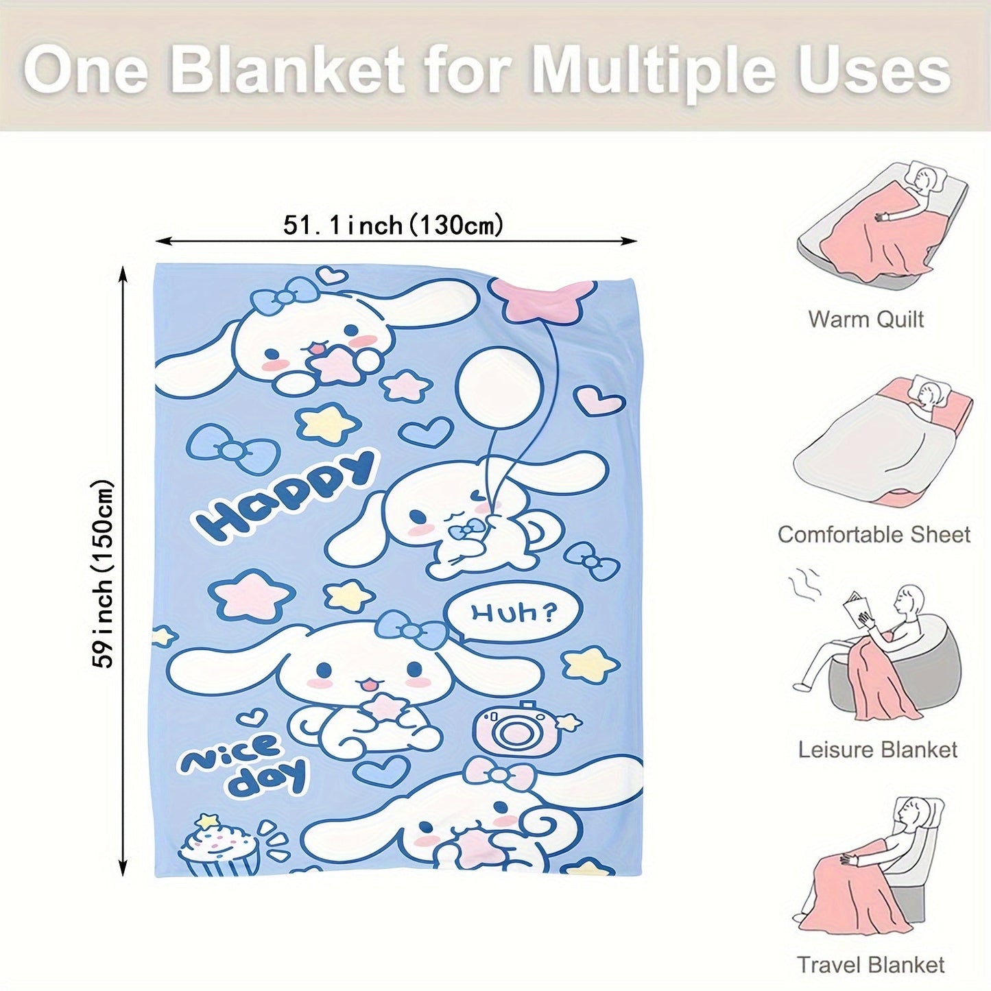 Soft and warm Sanrio Cinnamoroll plush flannel throw blanket featuring a cozy cartoon print. Perfect for adding a touch of cuteness to your bedroom, living room, or for taking on camping trips and travel adventures. This multi-purpose gift is sure to