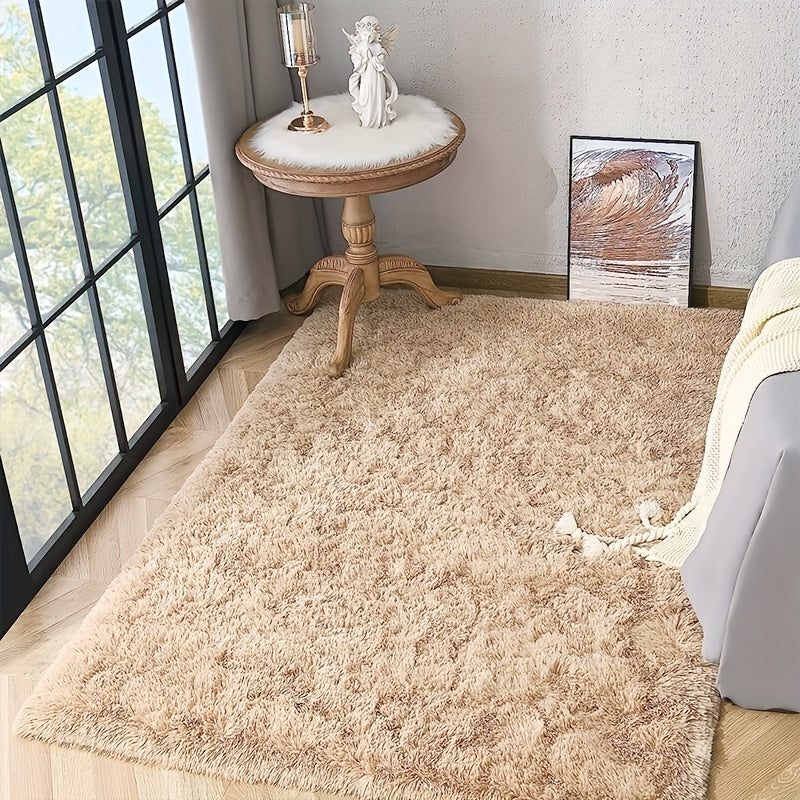 Luxurious Beige Plush Area Rug - Soft Faux Fur Carpet for Cozy Home Decor, Ideal for Living Room, Bedroom, and Entryway. Low Maintenance, Non-Shedding, Made of 100% Polyester. Dry Clean Only.