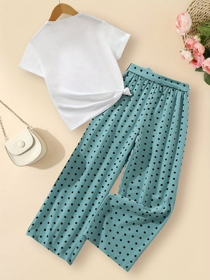 New summer style girls' trousers suit for medium and large children, featuring personalized avatar round neck top and loose fit polka dot wide leg pants.