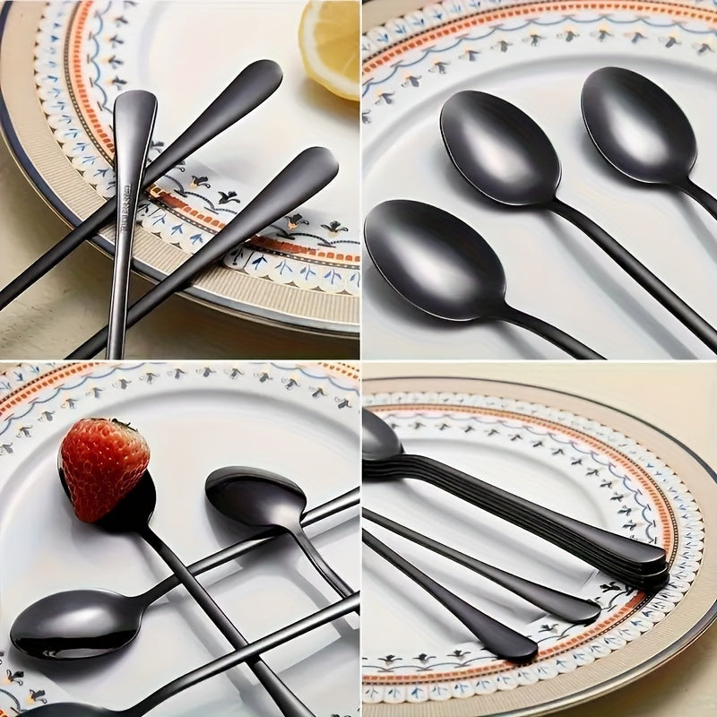 Black long handle coffee, stirring, iced tea, ice cream spoon set of 2/4/6 pieces.