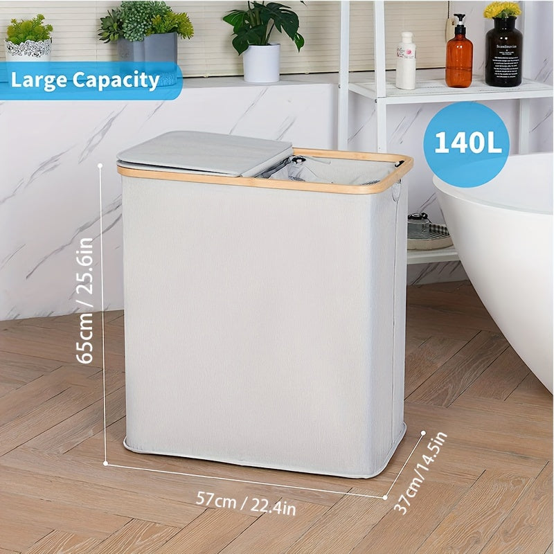 Large double-layer laundry basket with lid, featuring two removable and washable pockets. This foldable space-saving dirty clothes storage basket is ideal for organizing laundry in the bathroom, bedroom, laundry room, or dormitory.