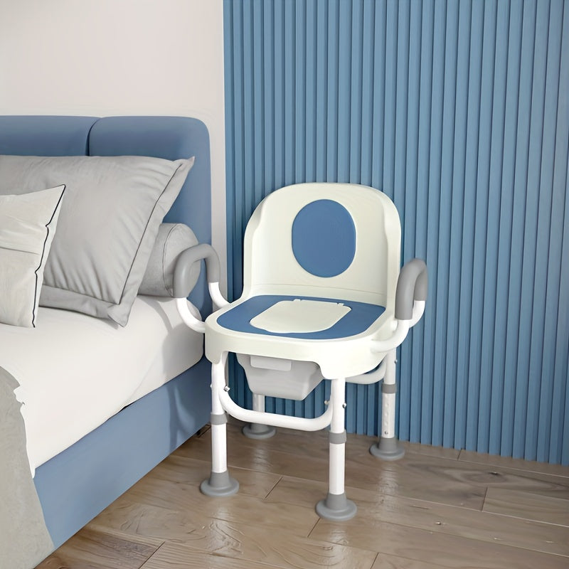 Adjustable medical toilet chair with wide seat, safety rails, and handles for elderly, pregnant women, and disabled individuals.