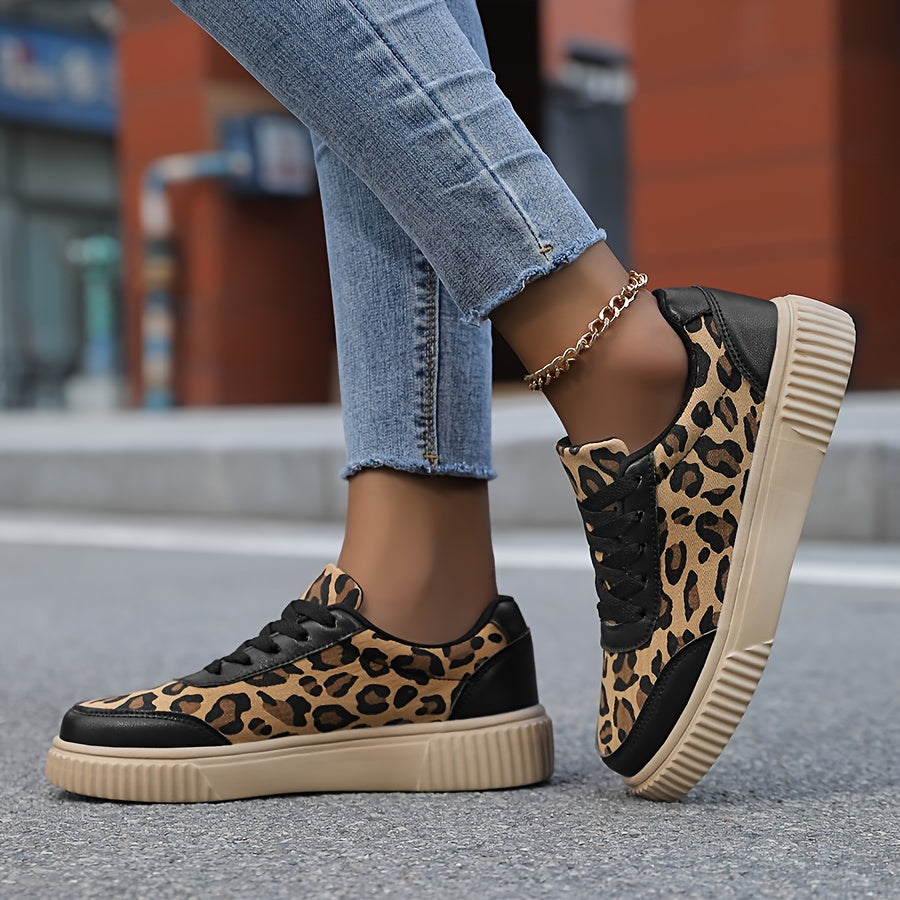 Women's Leopard Print Sneakers, Lightweight Athletic Platform Shoes