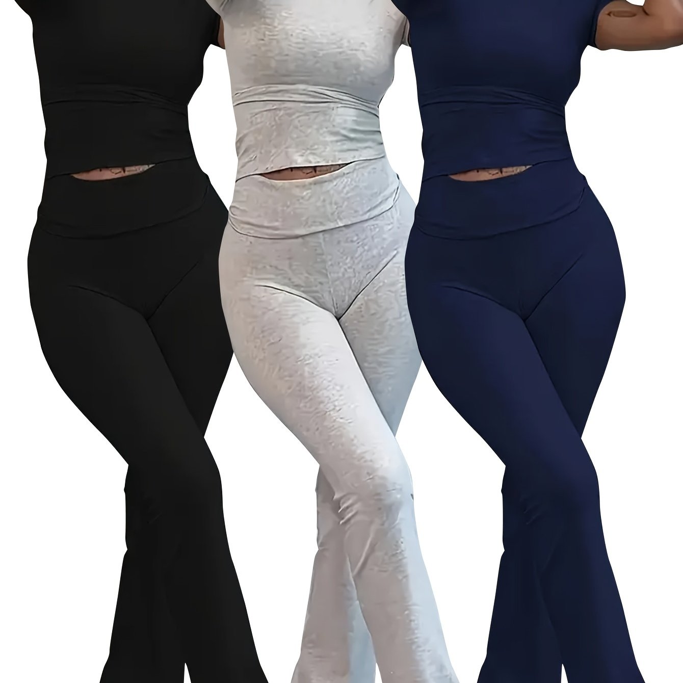 3-piece women's sporty lounge set with crop top and flared pants, slim and comfortable fit