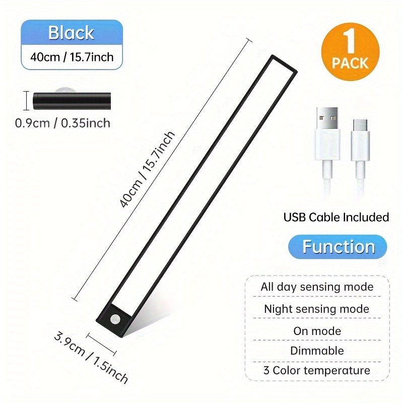 One rechargeable sensor light strip with adjustable brightness and three colors available.