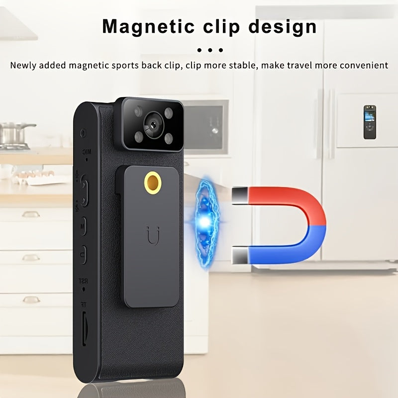 Small magnetic Mini Camera with Infrared Night Vision in 1080p HD resolution. Ideal for sports activities, with a rechargeable lithium polymer battery that can be powered by USB or standard batteries. Perfect for indoor use, with easy button control and