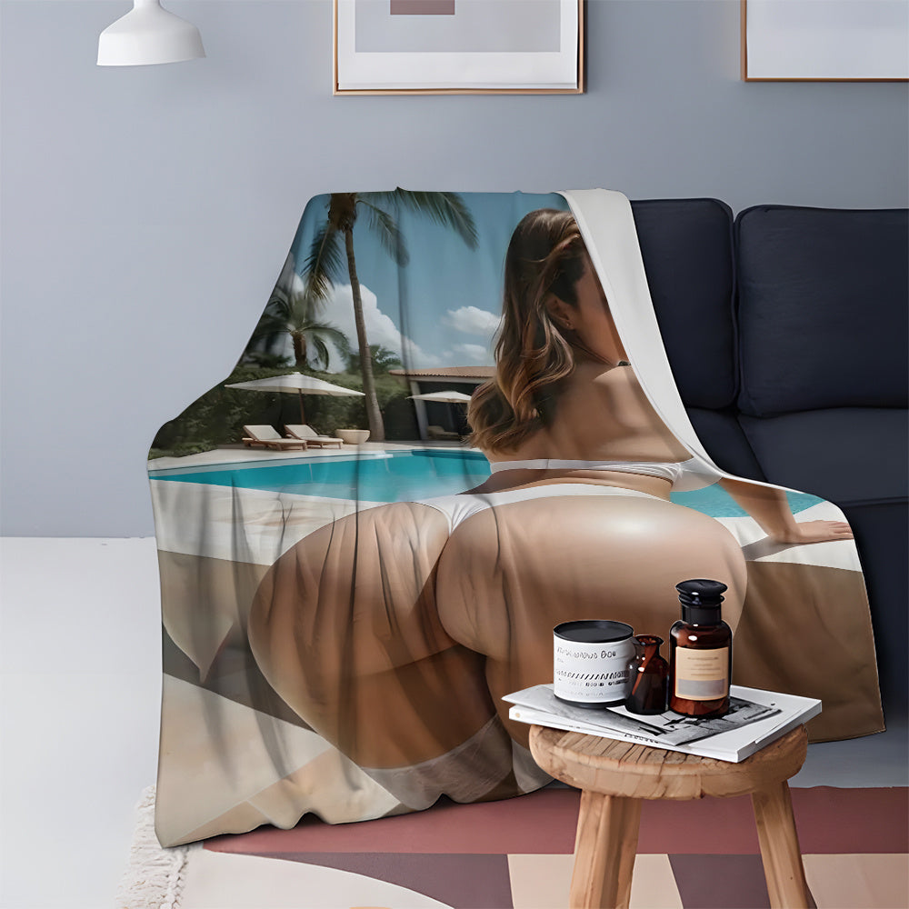 This versatile throw blanket features a contemporary stain-resistant polyester flannel design. Perfect for all seasons, the soft knit fabric showcases a digital print of a sexy female model, making it a stylish addition to any living room, bedroom