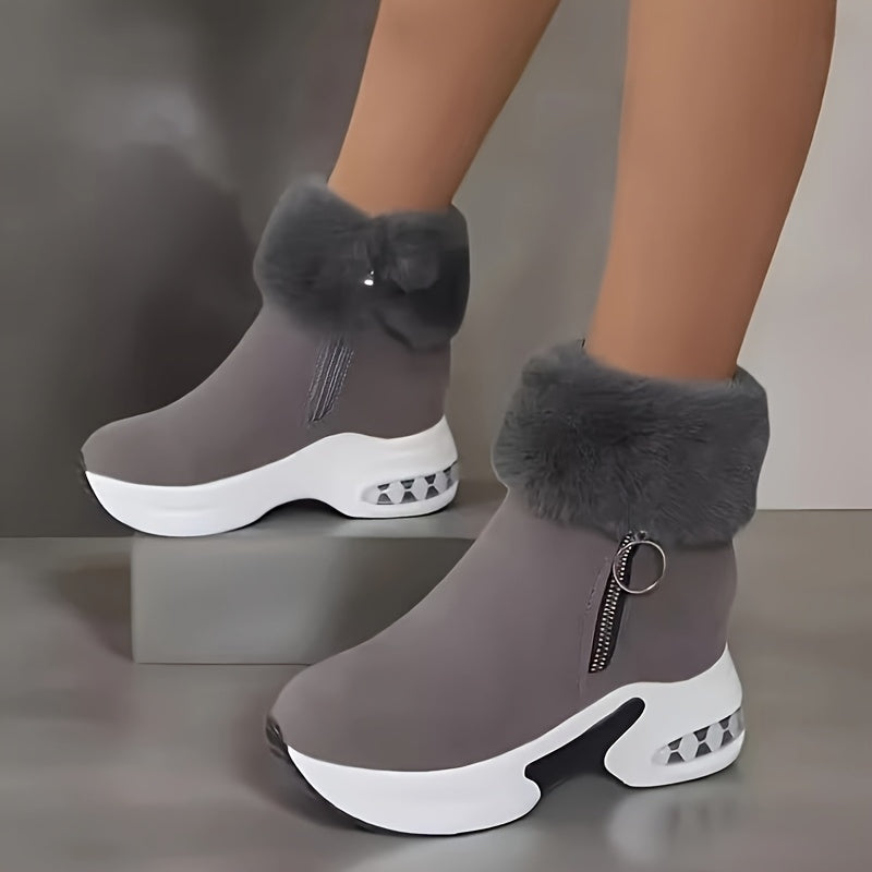 Winter boots for women with fleece lining, cozy and warm, thick sole, side zipper, round toe, mid-heel.