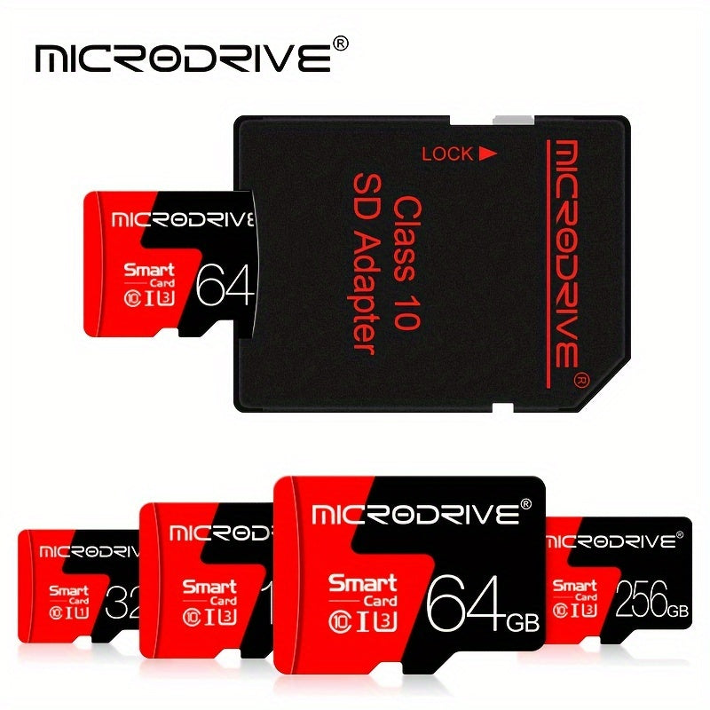 Microdrive offers high-speed TF SD memory cards in sizes ranging from 4GB to 256GB, with a 4K HD USB card reader adapter included.