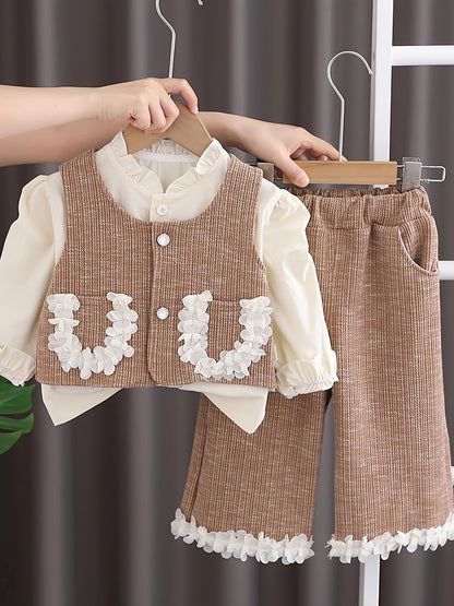 Girls' Autumn Outfit: Shirt, Vest with Lace Pockets, Trousers Set