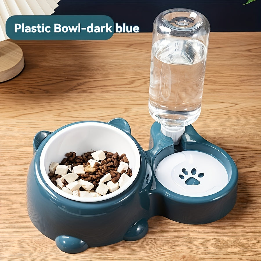 Automatic pet feeder with water dispenser, stainless steel bowls, neck protection, no charging or batteries needed.