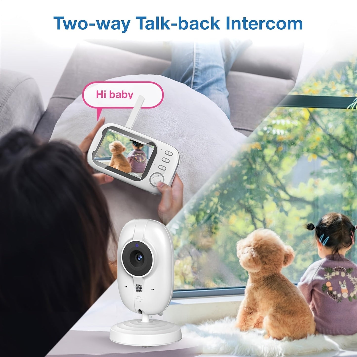 ANYAZHINENG 720p HD Monitor with Camera, featuring night vision, 2-way audio, temperature sensor, lullabies, secure transmission, cry detection, and self-adhesive design. Made of non-waterproof ABS material, this monitor is powered by USB and is suitable