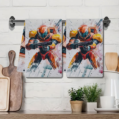 This set includes two ultra-soft kitchen towels featuring Samus Aran from Metroid. They are highly absorbent and ideal for holiday decoration. The towels are machine washable and measure 40.64X60.96 cm.