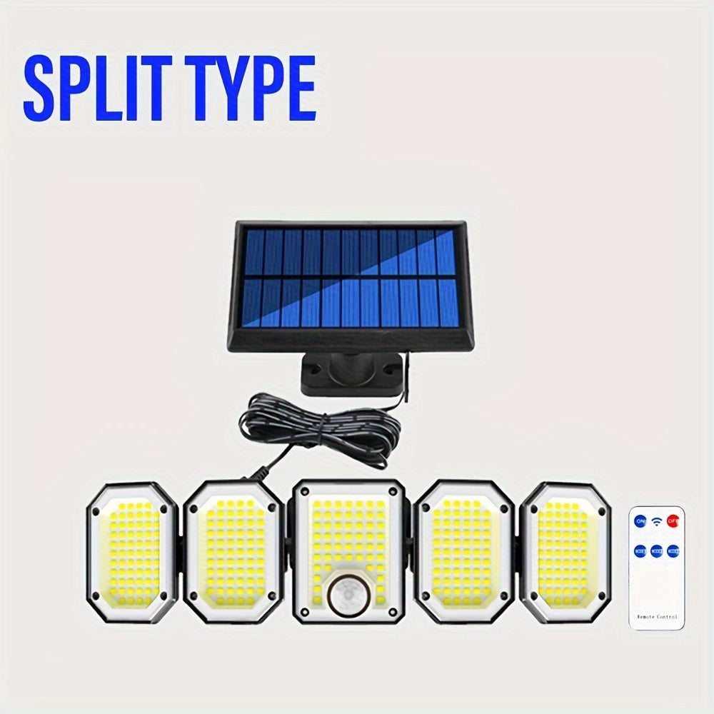 Solar Outdoor Security Light with Motion Sensor and 300 LED Flood Lights, 3 Modes, Foldable, Remote Control, Detachable Sconce, Plastic Shade, Solar Powered with Lithium Battery. Ideal for