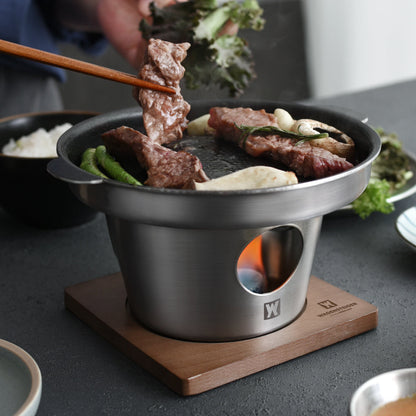 One Piece WAGENSTEIGER Stainless Steel Shabu Shabu Hot Pot - Mini Portable Fondue Set for 1-2 People. Features a Thickened Skillet for Steak Cooking, Multifunctional Home Grill with Stand & Heat-Resistant Base. Fuel-Heated Outdoor Cookware that is Food