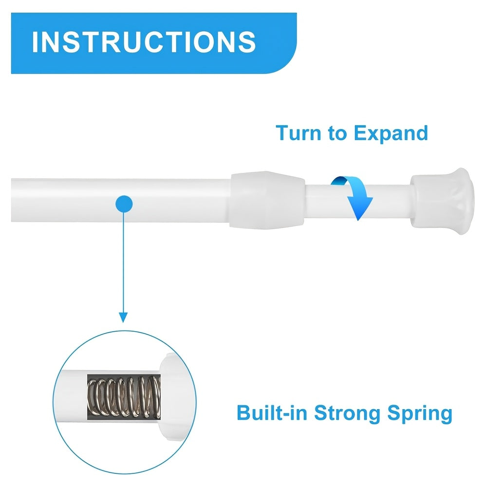 Adjustable white spring tension curtain rod made of metal for easy installation in kitchens, bathrooms, windows, bookshelves, wardrobes. Can expand to fit wardrobe.