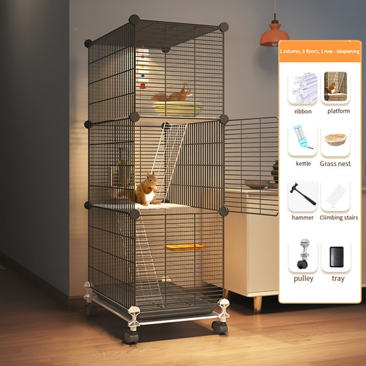 Deluxe squirrel cage with spacious villa design for small pets. Includes various accessories for easy cleaning.