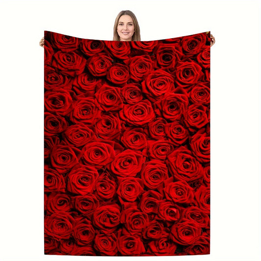 Rose-printed fleece blanket, perfect for any season - modern design, cozy and gentle on skin, easy to clean in washing machine, versatile for different purposes, lightweight fabric with knitted weave, vibrant digital print on polyester material.