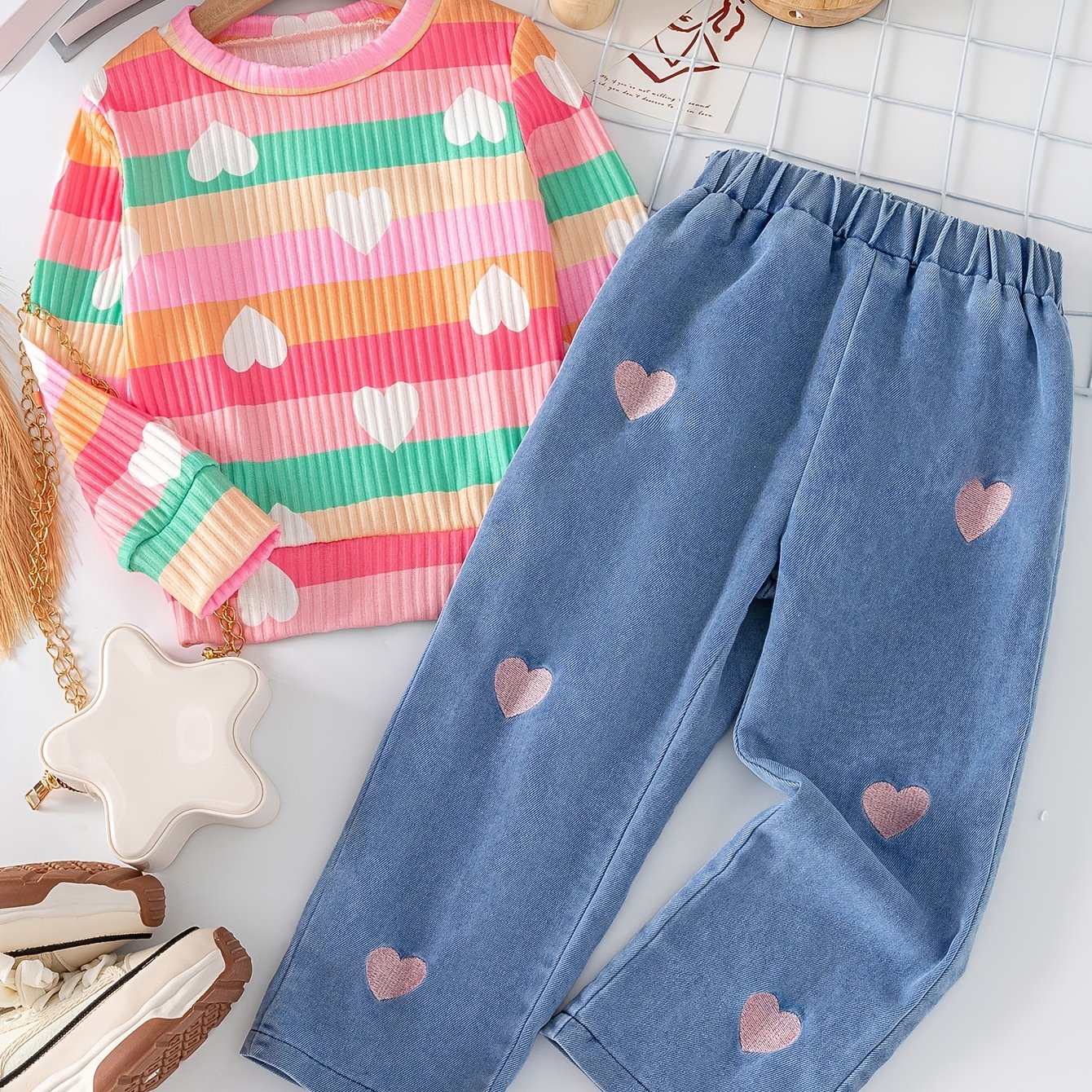 Cute set for girls, includes heart print top and denim pants, machine washable, ideal for outdoor wear.